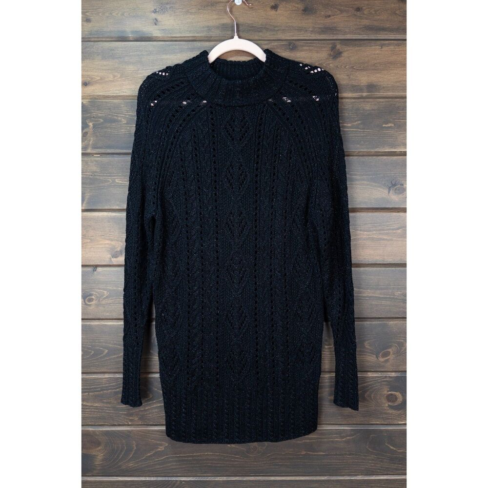 Polo Ralph Lauren Black Metallic Pointelle Cable Knit Tunic Sweater Dress XS
